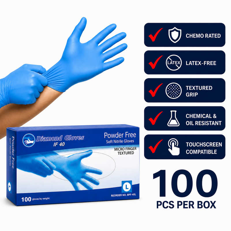 Diamond IF40 Powder-Free Blue Nitrile Industrial Gloves